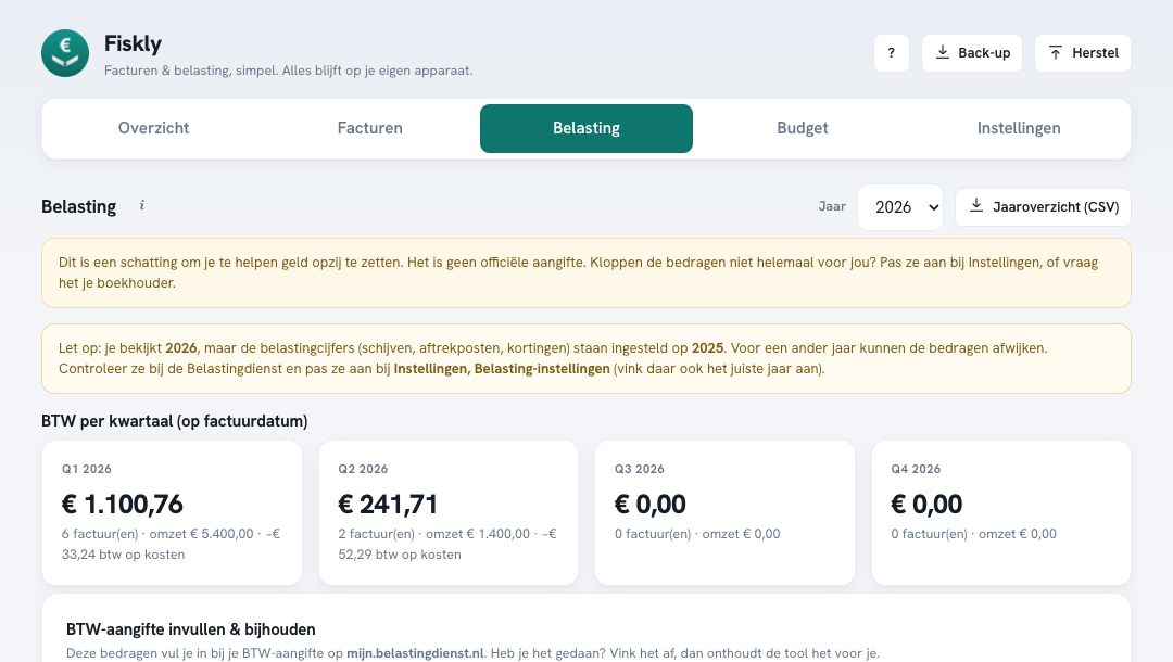 Het belastingoverzicht in Fiskly, btw per kwartaal